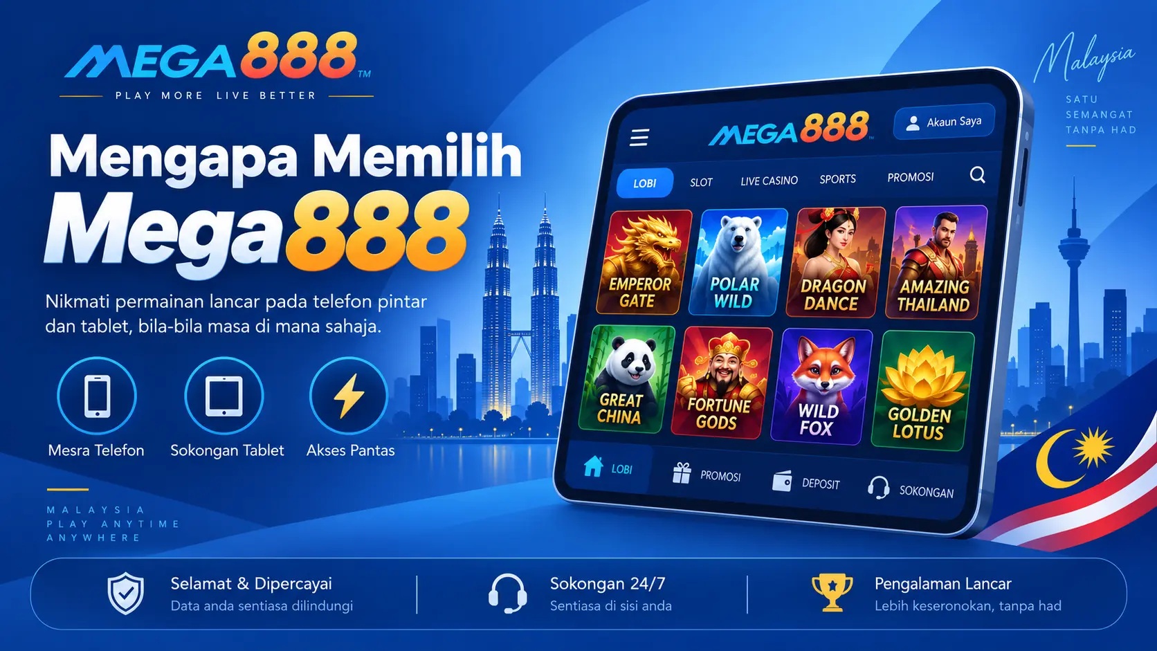 Mega888 untuk pemain Malaysia: slot, kasino langsung dan akses pada telefon pintar.
